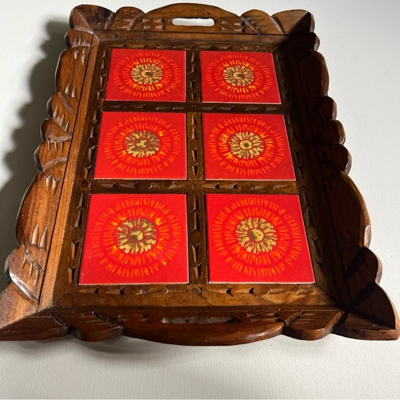 Vintage Handmade Ornate Wood Tray W Mexican Talavera Ceramic Red Tile MCM - Picture 3 of 6